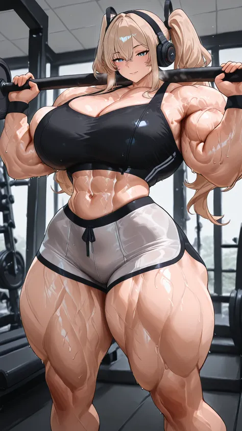 arafed woman in a black top and white shorts headphones posing for a picture, twin tail hair ,fit physique, fit girl, fitness model, with abs, fit woman, crop shirt and strong abs, strong body, aleksandra waliszewska, sweaty abs, toned body, fit body, femi...