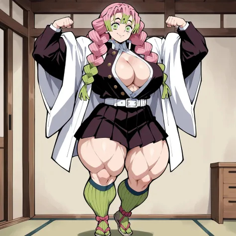 score_9, score_8_up, score_7_up, source_anime, mitsuri kanroji , braid , gradient hair , green eyes , green hair , long hair , mole , mole under eye , multicolored hair , pink hair , twin braids , two-tone hair , belt , black skirt , cleavage , coat , demo...