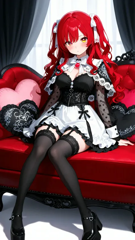 1girl, solo, long hair, breasts, looking at viewer, blush, red hair, long sleeves, sitting, heart, two side up, eyes mismatched in color , red eyes, yellow eyes, wavy hair, Ivory long-sleeve mini dress with layered ruffle lace capelet overlay and subtle sc...