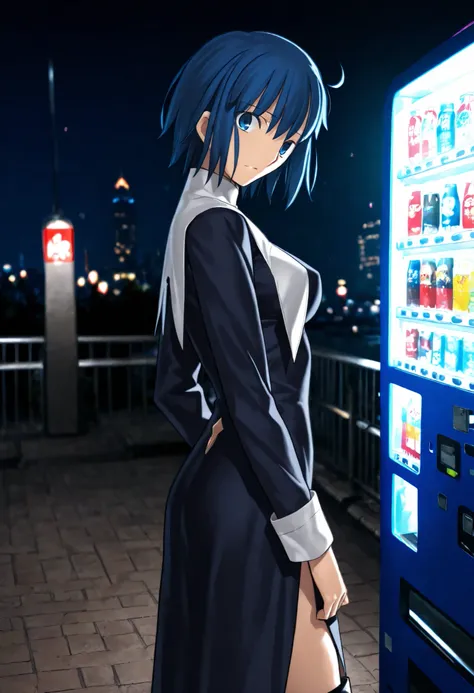 masterpiece, , absurdres, highres, detailed background, high resolution, masterpiece, necessary, detail, best quality, quality, necessary, details, High details, Precise, from side, (dark, city, vending machine, night, photo background, blurry background),...