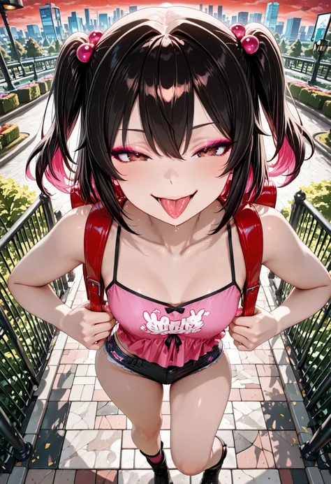 (masterpiece:1.3), 8k, Highest Quality, super high resolution, (1  rice girl), anime girl sticking out her tongue with a mischievous expression, Red sunset sky city background, I have short black hair,  double sided up, Beautiful brown eyes with reflection...