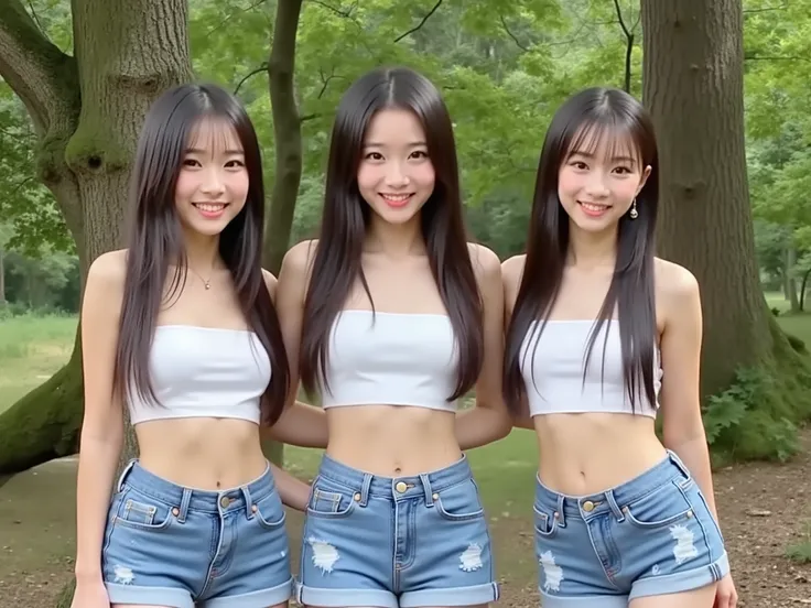 (((white tube top and blue low-rise denim shorts、belly button out、and my stomach sticks out、thighs、15 year old girls 、3 cute Japanese high school girls、))),everyone seems to be having fun at the campsite in the forest、Mr.々What kind of person 々,let's eat me...