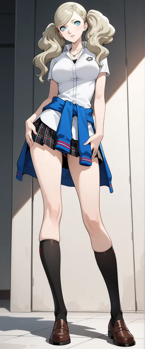 1girl, takamaki ann, persona 5, blonde hair, twintails, swept bangs, hair crip, aqua eyes, large breasts, stud earrings, long legs,
p5ann-sumuni, necklace, polo shirt, white polo shirt, short sleeves, sweater around waist, blue sweater, pleated skirt, plai...