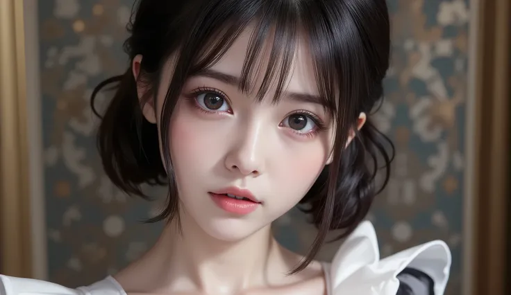 8k,super high resolution on a pile , Highest Quality, Masterpiece,rule of thirds,golden ratio,surreal,Picture, one woman,masterpiece girl,perfect anatomy,,extream close up,staring at the audience.  Great Environment . elegant Anime style illustration, Slim...