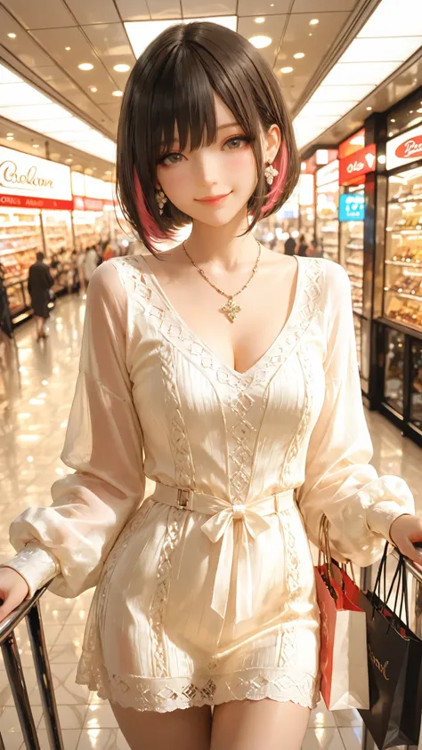 a stylish young Korean woman leaning gently against a glass railing in a luxury indoor shopping mall atrium, holding a small elegant shopping bag in one hand, posed in a slight left-side angle, soft medium-length layered bob haircut with see-through bangs,...