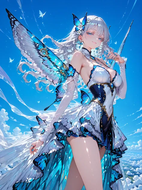 solo girl, (blue gray eyes), (white long hair、White eyelashes), (blue gradation highlights), Wavy Curl, One-sided knitting, gem earrings, flower hair accessories, ring, blue nail polish, seductive smile parting hair, Butterfly Personification, The young an...