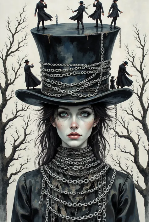 "The Mad Hatter" by Hypatia of Alexandria women. A grim digital work that depicts a pale-skinned woman with a serious face, swinging a tall black top hat.The cylinder is wrapped in rows of sparkling white silver chains. Silhouettes of men climb the chains ...