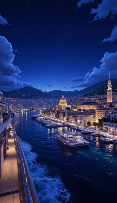 high-definition images、View from a cruise ship、Night view of Monaco in anime style