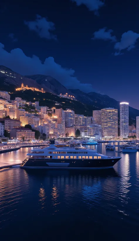 high-definition images、View from a cruise ship、Night view of Monaco in anime style
