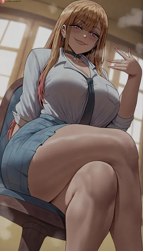 Shexyo style, 1woman, mature, from front, marin kitagawa, my dress up darling, tshirt, medium skirt, round butt, curvy, large breast, thick muscular thighs, wide curvy hips, voluptuous body, Curvy body, thicc woman, smilling, lips, naughty face, smug, medi...