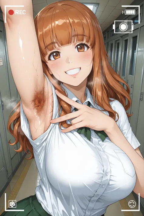 1girl, Character, Girls_und_Panzer, takebe saori, happy, Saunders school uniform, selfie, viewfinder display, School hallway, Girls_und_Panzer art style(armpit　hair ,steam ,spread armpit ,large breasts :1.0)