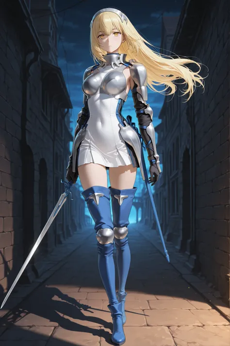 ais_wallenstein, defarmor, 1girl, solo, blonde hair, weapon, sword, long hair, yellow eyes, boots, thighhighs, night, dark alleyway background, thigh boots, armor, full body, holding weapon, holding sword, blue footwear, looking at viewer, (masterpiece),(b...