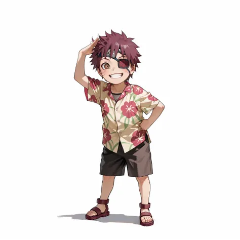 (male), (child boy), (small body), (short messy maroon hair), (brown eyes), (pirate eyepatch on left eye), (cheerful expression), (solo), (single character), (full body version), (white background), (no background), (highly detailed), (shadow), (standing p...