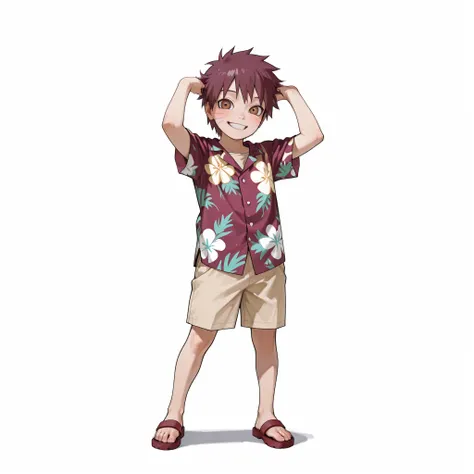 (male), (child boy), (small body), (short messy maroon hair), (brown eyes)), (cheerful expression), (solo), (single character), (full body version), (white background), (no background), (highly detailed), (shadow), (standing playful pose), (natural light),...