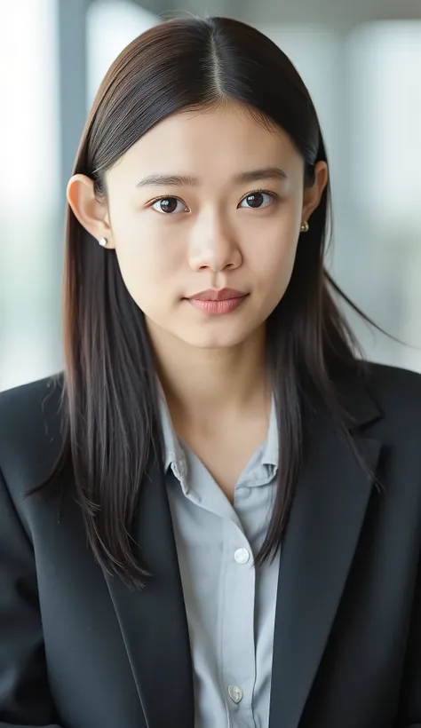 Neat Young Woman、looking at the camera、office lady suit、jacket、shirt、ear piercings、、髪型セミロング、 、無表情、口を閉じている、、face close-up、The background is office

Video Generation
