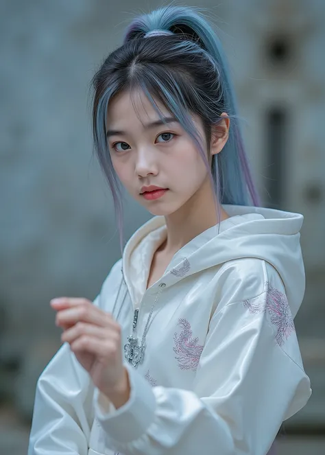 Ultra HD, high resolution, high resolution, 24K Video Quality. woman、beautiful, Aqua Blue Eyes, Depicts a cute 16 year old Japanese girl. She wears a pearl white latex battle suit, latex suit that fits your fist in the palm of your hand is adorned with vi...