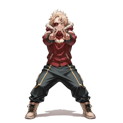 (male), (boy), (tall body), (fit build), (short messy blonde hair), (brown eyes), (solo), (single character), (full body version), (white background), (no background), (highly detailed), (shadow), (standing pose with peace sign), (natural light), (detailed...