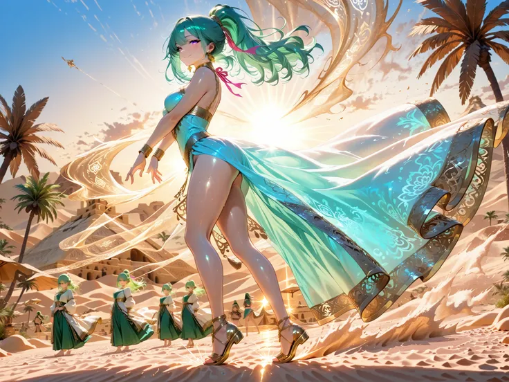 (masterpiece:1.3), (best quality:1.3), (ultra detailed:1.2), (dynamic pose:1.3), (side view:1.2),
a beautiful girl dancing near an oasis beside the pyramids of Egypt, 
midday desert sunlight, shimmering heat haze, warm golden tones, 
long green hair tied i...