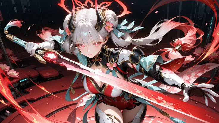 (masterpiece, detailed:1.2), ultra high res,photorealistic,8K UHD,hyper-detailed, newest, cute, woman, solo, 1girl, jinhsi:TaoYaoZhuoZhuo\(wuthering waves\), red eyes, amorous eyes, mole, mole under eye, flower, peach blossom, hair bun, double bun, headgea...