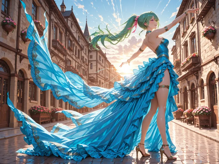 rich anime, (masterpiece:1.3), (best quality:1.3), (ultra detailed:1.2), (dynamic pose:1.3), (side view:1.2),
a beautiful girl dancing passionately on a sunlit street in a Spanish town near the Mediterranean coast,
white stone walls, red rooftops, flowers ...