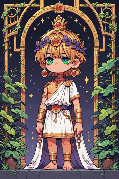 (novuschroma15 style,)(Chibi)  Ancient greek God, middle-edged man (male character). He has tall mighty broad-shouldered body shape with masculine features. He has metallic gold skintone. (He chained with white chains.) He has green eyes that glow like eme...