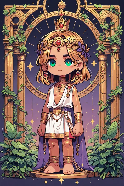 (novuschroma15 style,)(Chibi)  Ancient greek God, middle-edged man (male character). He has tall mighty broad-shouldered body shape with masculine features. He has metallic gold skintone. (He chained with white chains.) He has green eyes that glow like eme...