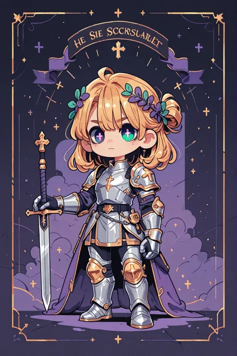 (novuschroma15 style,)(Chibi) Crusader knight,middle-edged man (male character). He has tall mighty broad-shouldered body shape with masculine features. He has metallic gold skintone. He has green glowing eyes. He has black leaking black mascara under his ...