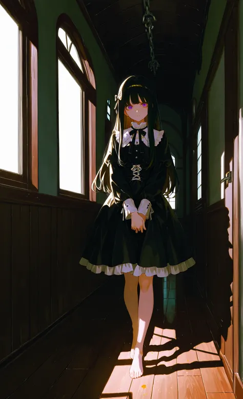 Highest Quality、masterpiece、8K High Resolution、1 girl、WHITE CHAIN、moonlight、 dark hallway、Barefoot、standing in the teacher's house、backlight、silhouette、long hair、Light from the Window、Pale Light、shadow、fantastic atmosphere、Silence、Creepy、Mysterious、night、O...