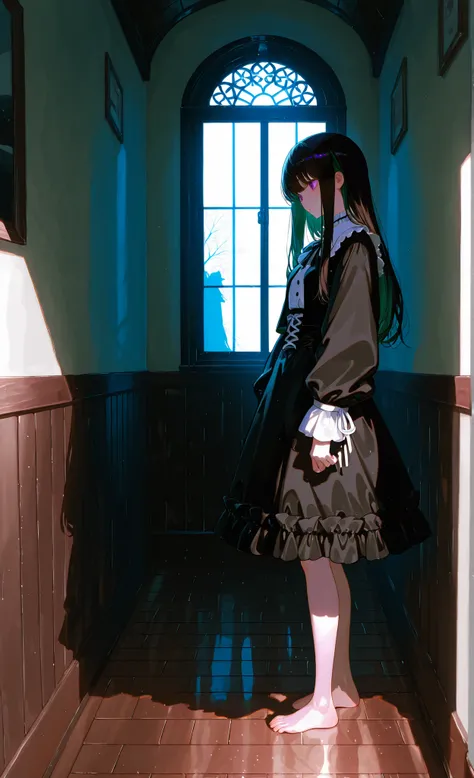 Highest Quality、masterpiece、8K High Resolution、1 girl、WHITE CHAIN、moonlight、 dark hallway、Barefoot、standing in the teacher's house、backlight、silhouette、long hair、Light from the Window、Pale Light、shadow、fantastic atmosphere、Silence、Creepy、Mysterious、night、O...