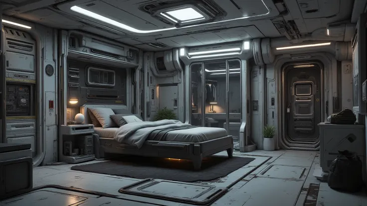 ((Best quality)), ((masterpiece)): Create  fortress-monastery bedchamer from Space Marines 2, it's a quarter with plain white, grey, and plain black style, have a one bed room and desk, holographic table in the middle of the room, Military style wardrobe b...