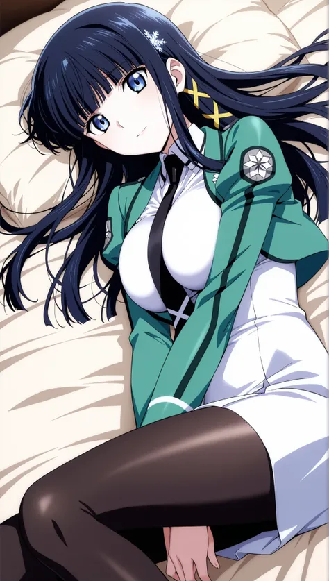 [[miyuki250219]],1lady, beauty, glossy lips,Rouge,detail eyes,dynamic angle,(on back),on bed,

shiba miyuki, black hair,long hair, blunt bangs, eyebrows visible through hair, blue eyes, snowflake hair ornament, yellow x hair ornament,mahouka school uniform...