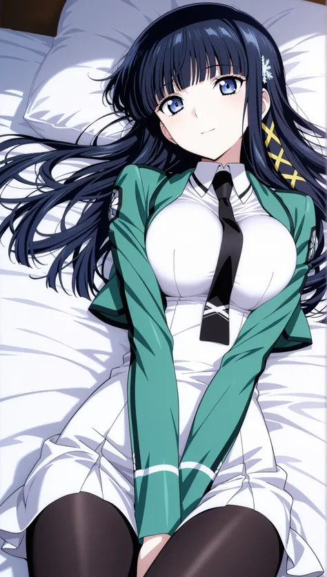 [[miyuki250219]],1lady, beauty, glossy lips,Rouge,detail eyes,dynamic angle,(on back),on bed,

shiba miyuki, black hair,long hair, blunt bangs, eyebrows visible through hair, blue eyes, snowflake hair ornament, yellow x hair ornament,mahouka school uniform...