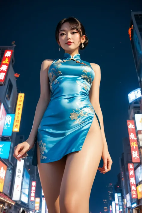 A confident woman in a shiny, transparent gray Chinese dress walks through the city. Low angle shot.