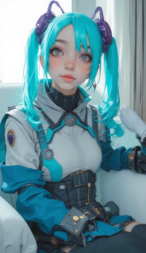 the costume is a striking combination of cool colors, there's a signature prop. The costume、there's soft natural light streaming in through a window, wearing blue and black gloves。,、the bold colors of her pigtails、which highlights her bright turquoise hair...