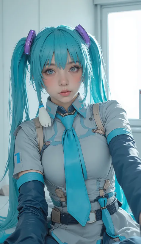 the costume is a striking combination of cool colors, there's a signature prop. The costume、there's soft natural light streaming in through a window, wearing blue and black gloves。,、the bold colors of her pigtails、which highlights her bright turquoise hair...