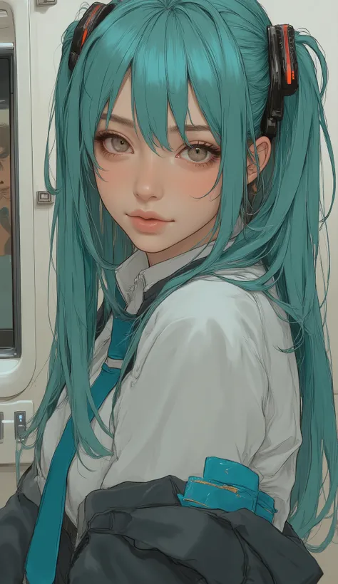 There is a woman with long green hair and a blue tie, Hatsune Miku cosplay, Hatsune Miku, portrait of Hatsune Miku, miku, Mikudayo, Hatsune Miku portrait, anime girl cosplay, Hatsune Miku in warhammer 40k, Hatsune Miku short hair, vocaloid, Hatsune Miku fa...