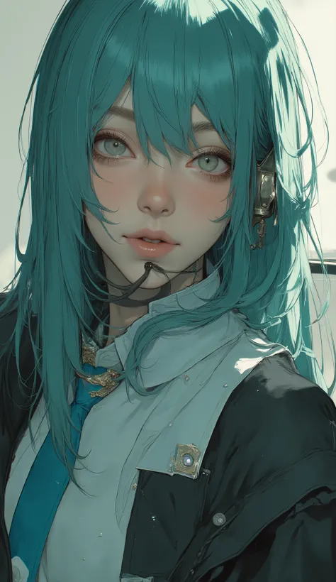 There is a woman with long green hair and a blue tie, Hatsune Miku cosplay, Hatsune Miku, portrait of Hatsune Miku, miku, Mikudayo, Hatsune Miku portrait, anime girl cosplay, Hatsune Miku in warhammer 40k, Hatsune Miku short hair, vocaloid, Hatsune Miku fa...