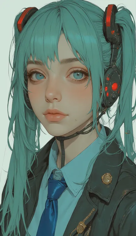There is a woman with long green hair and a blue tie, Hatsune Miku cosplay, Hatsune Miku, portrait of Hatsune Miku, miku, Mikudayo, Hatsune Miku portrait, anime girl cosplay, Hatsune Miku in warhammer 40k, Hatsune Miku short hair, vocaloid, Hatsune Miku fa...