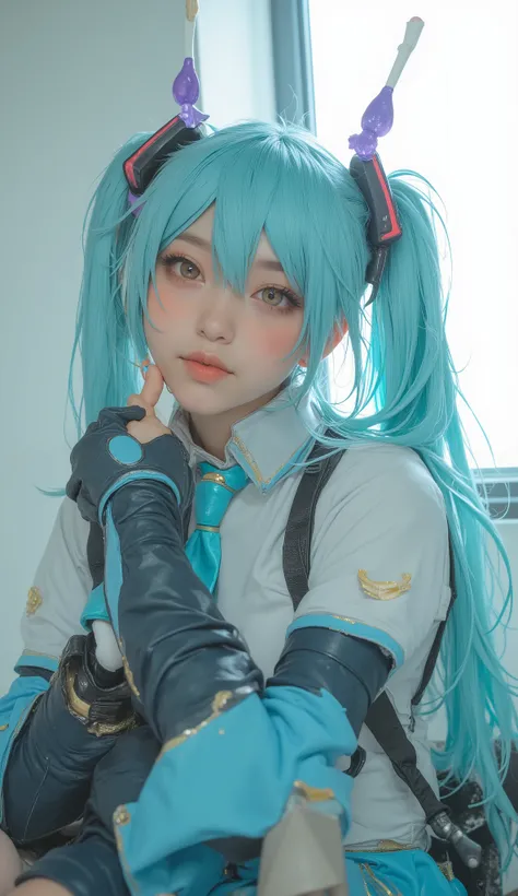 the costume is a striking combination of cool colors, there's a signature prop. The costume、there's soft natural light streaming in through a window, wearing blue and black gloves。,、the bold colors of her pigtails、which highlights her bright turquoise hair...