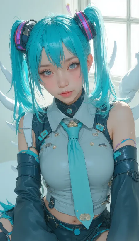 the costume is a striking combination of cool colors, there's a signature prop. The costume、there's soft natural light streaming in through a window, wearing blue and black gloves。,、the bold colors of her pigtails、which highlights her bright turquoise hair...