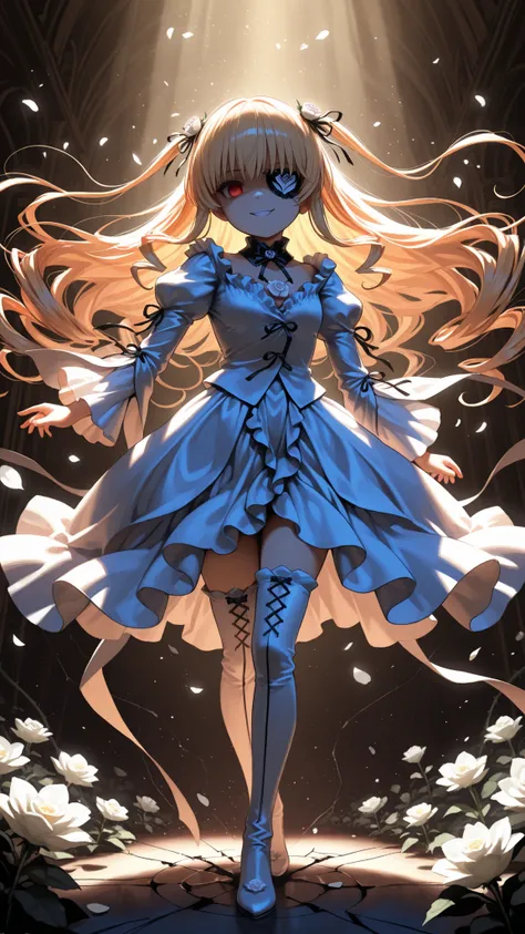 1girl , solo , Rozen Maiden , A girl covers one eye with white flowers, Like an eyepatch , tilts its head , empty eyes with murky noises , Malicious Smile , madness , cute , white dress , white thigh high boots, Dynamic Poses , A world covered in cracked ...