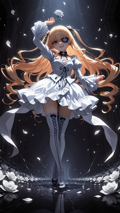 1girl , solo , Rozen Maiden , A girl covers one eye with white flowers, Like an eyepatch , tilts its head , empty eyes with murky noises , Malicious Smile , madness , cute , white dress , white thigh high boots, Dynamic Poses , A world covered in cracked ...