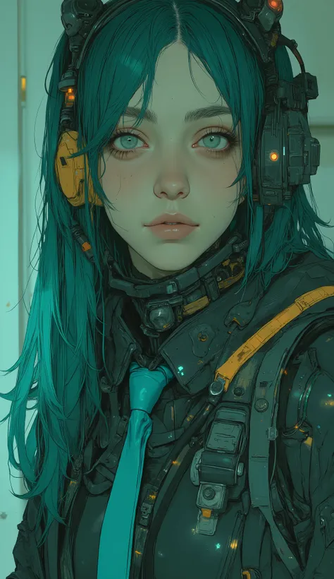 There is a woman with long green hair and a blue tie, Hatsune Miku cosplay, Hatsune Miku, portrait of Hatsune Miku, miku, Mikudayo, Hatsune Miku portrait, anime girl cosplay, Hatsune Miku in warhammer 40k, Hatsune Miku short hair, vocaloid, Hatsune Miku fa...