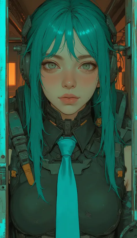 There is a woman with long green hair and a blue tie, Hatsune Miku cosplay, Hatsune Miku, portrait of Hatsune Miku, miku, Mikudayo, Hatsune Miku portrait, anime girl cosplay, Hatsune Miku in warhammer 40k, Hatsune Miku short hair, vocaloid, Hatsune Miku fa...