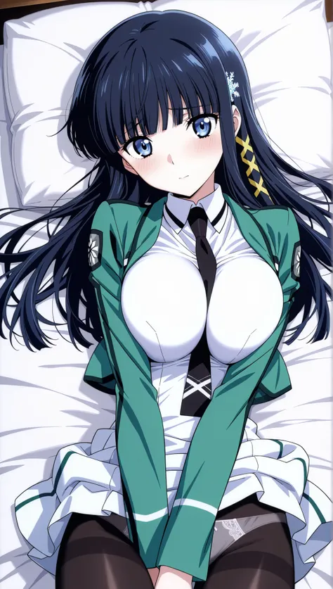 [[miyuki250219]],1lady, beauty, glossy lips,Rouge,detail eyes,dynamic angle,(on back),on bed,young female,

shiba miyuki, black hair,long hair, blunt bangs, eyebrows visible through hair, blue eyes, snowflake hair ornament, yellow x hair ornament,mahouka s...
