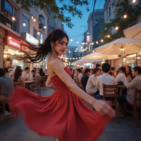 Breathtaking beauty, ultra high quality, 8k, Blue-colored pictures, photorealistic, Female dancer, at an open cafe at night, cafe staff and lots of customers:1.5, dancing Spanish dance, beautiful Japanese woman in red mini dress:1.1, long hair, detailed fa...