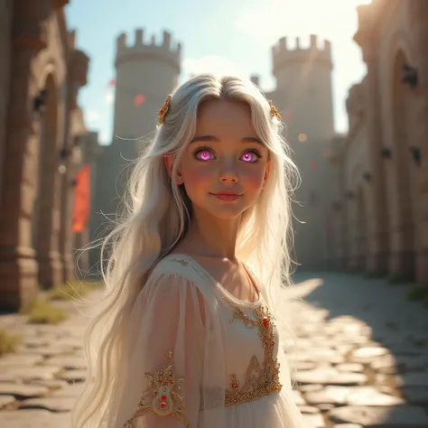 primer plano A beautiful and realistic princess niña of dreams 11 años, Angelic and Radiant children's face very very beautiful smiling, standing at the gates of a medieval city in bright daylight. 
seen from the front, she looks ahead with large, expressi...