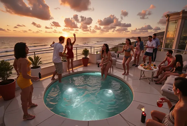 masterpiece, Highest Quality, Movie stills,Super Detailed、high quality image quality、clear realistic images by professional photographers、depicting the enthusiasm of a rooftop party, rooftop party for young men and women、Luxury Hotel with a Steaming Gourd-...