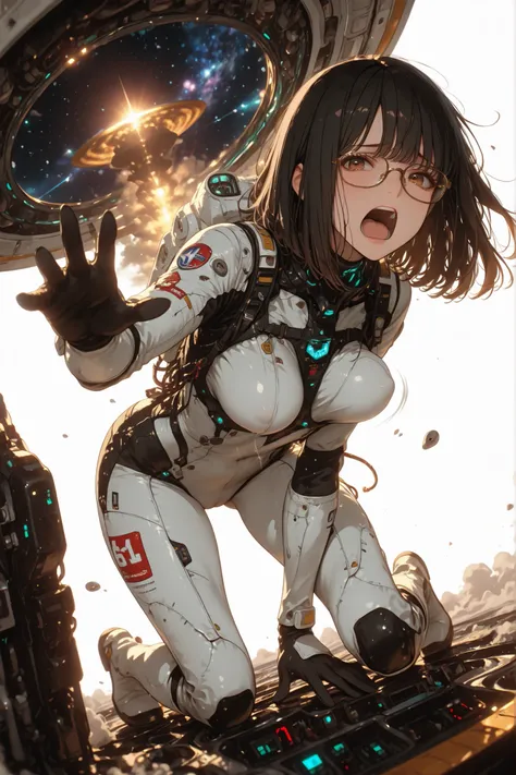 masterpiece, 8k, bob hair, black hair, glasses, in a white protective suit, leaning forward, on one knee, legs apart, reaching, pigeon toed, 1girl, thin chests, medium breasts, perky breasts, bouncing breasts, cameltoe, dynamic angle, unrealistic beauty, e...