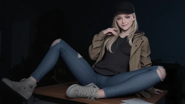 masterpiece, best quality, amazing quality, very aesthetic, absurdres, newest,   r0silf, 3d, 1girl, long hair, blonde hair, blue eyes, spiky hair, small breasts, baseball cap, jacket, hood down, jeans, ripped jeans, sneakers, adult girl, sexy pose, seducti...